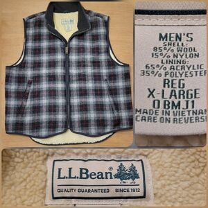 L.L. Bean Wool Gray & Black Plaid Sherpa Fleece Heavy Outdoor XL Men Vest Hunter